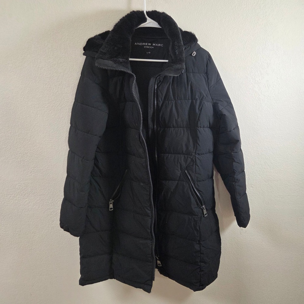 Andrew Marc Stretch Black Puffer Coat Faux Fur Collar Hooded Parka Large L/G